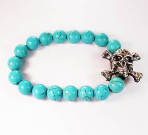 Silvery Plated Resin Bead Turquoise White Bead Stretch Bracelet for Men Women ZZ2121