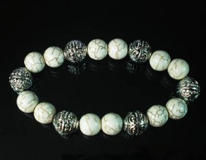 Silvery Plated Resin Bead Turquoise White Bead Stretch Bracelet for Men Women ZZ2122