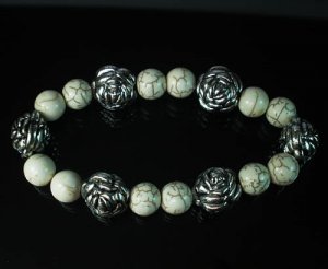 Silvery Plated Resin Bead Turquoise White Bead Stretch Bracelet for Men Women ZZ2123