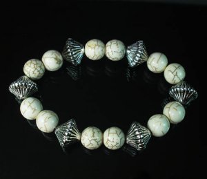 Silvery Plated Resin Bead Turquoise White Bead Stretch Bracelet for Men Women ZZ2124