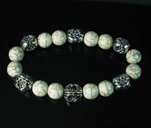 Silvery Plated Resin Bead Turquoise White Bead Stretch Bracelet for Men Women ZZ2125