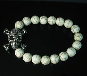 Silvery Plated Resin Bead Turquoise White Bead Stretch Bracelet for Men Women ZZ2127