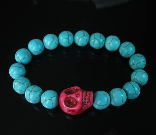 Turquoise Hot Pink Skull Bead Baby Blue Veins Ball Beads Stretch Bracelet for Men Women ZZ227