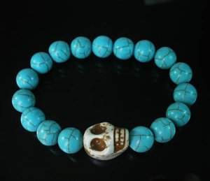 Beautiful Turquoise White Skull Bead Baby Blue Veins Ball Beads Stretch Bracelet for Men Women ZZ230