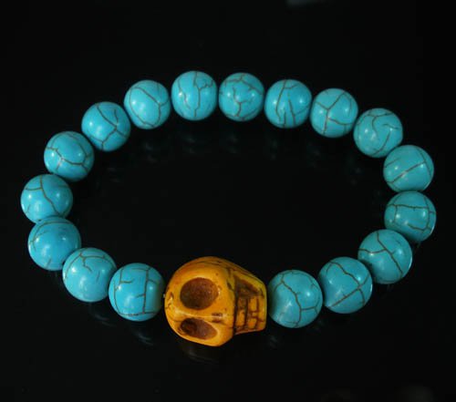 Turquoise Orange Skull Bead Baby Blue Veins Ball Beads Stretch Bracelet for Men Women ZZ232