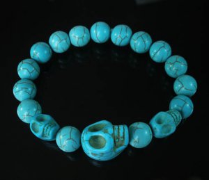 Turquoise Baby Blue Skull Bead Baby Blue Veins Ball Beads Stretch Bracelet for Men Women ZZ234