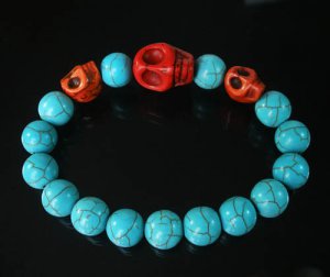 Turquoise Red Skull Bead Baby Blue Veins Ball Beads Stretch Bracelet for Men Women ZZ235
