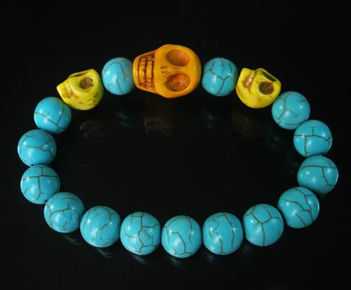 Turquoise Orange Yellow Skull Bead Baby Blue Veins Ball Beads Stretch Bracelet for Men Women ZZ236