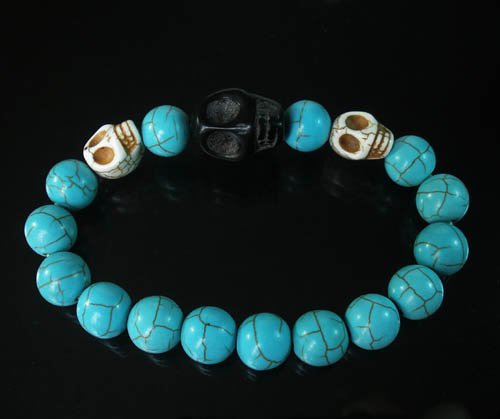 Turquoise Black White Skull Bead Baby Blue Veins Ball Beads Stretch Bracelet for Men Women ZZ242