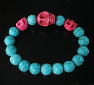 Turquoise Hot Pink Skull Bead Baby Blue Veins Ball Beads Stretch Bracelet for Men Women ZZ245