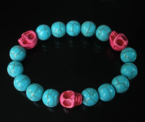 Turquoise Hot Pink Skull Bead Baby Blue Veins Ball Beads Stretch Bracelet for Men Women ZZ247