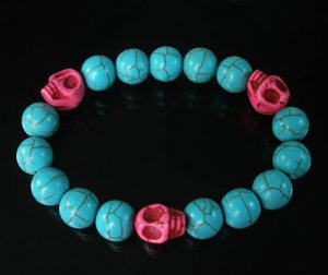 Turquoise Hot Pink Skull Bead Baby Blue Veins Ball Beads Stretch Bracelet for Men Women ZZ247