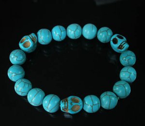 Turquoise Baby Blue Skull Bead Baby Blue Veins Ball Beads Stretch Bracelet for Men Women ZZ249