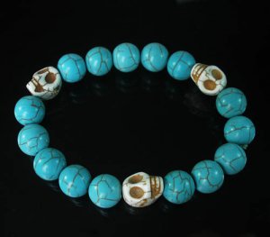 Turquoise White Skull Bead Baby Blue Veins Ball Beads Stretch Bracelet for Men Women ZZ250