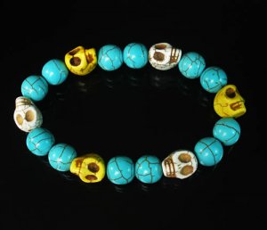 Turquoise White Yellow Skull Beads Baby Blue Veins Ball Beads Stretch Bracelet for Men Women ZZ255