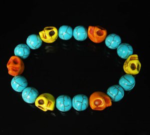 Turquoise Orange Yellow Skull Beads Baby Blue Veins Ball Beads Stretch Bracelet for Men Women ZZ254