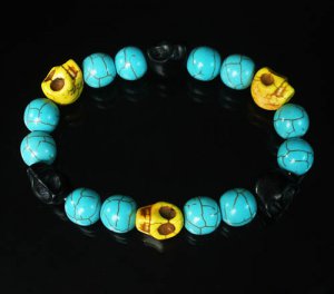 Turquoise Black Yellow Skull Beads Baby Blue Veins Ball Beads Stretch Bracelet for Men Women ZZ259