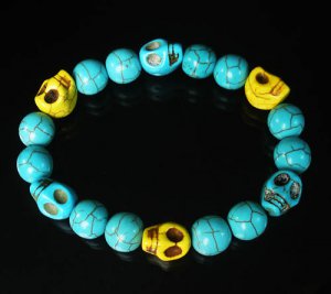 Turquoise Baby Blue Yellow Skull Beads Baby Blue Veins Ball Beads Stretch Bracelet ZZ261