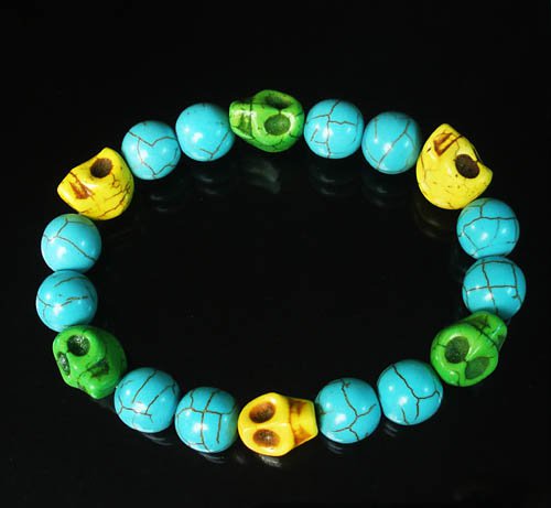 Turquoise Green Yellow Skull Beads Baby Blue Veins Ball Beads Stretch Bracelet for Men Women ZZ264