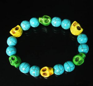 Turquoise Green Yellow Skull Beads Baby Blue Veins Ball Beads Stretch Bracelet for Men Women ZZ264