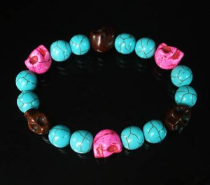 Turquoise Hot Pink Brown Skull Beads Baby Blue Veins Ball Beads Stretch Bracelet for Men Women ZZ268