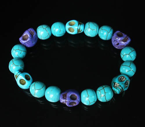 Turquoise Purple Baby Blue Skull Beads Baby Blue Veins Ball Beads Stretch Bracelet ZZ269