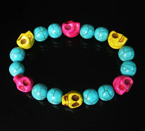 Turquoise Yellow Hot Pink Skull Beads Baby Blue Veins Ball Beads Stretch Bracelet ZZ270