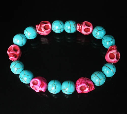 Turquoise Hot Pink Skull Beads Baby Blue Veins Ball Beads Stretch Bracelet for Men Women ZZ271