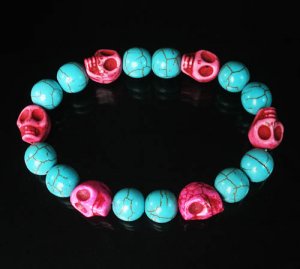 Turquoise Hot Pink Skull Beads Baby Blue Veins Ball Beads Stretch Bracelet for Men Women ZZ271