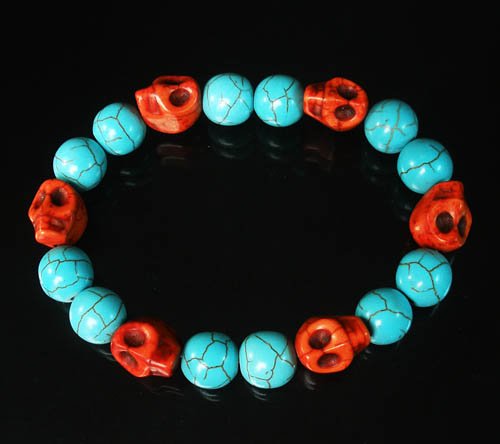 Turquoise Colorful Red Skull Beads Baby Blue Veins Ball Beads Stretch Bracelet for Men Women ZZ273