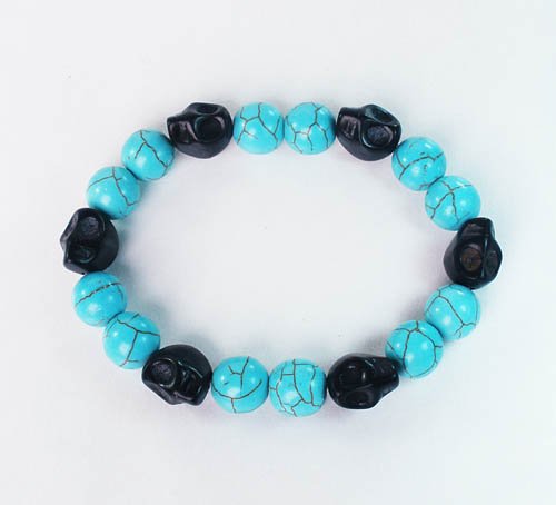 Turquoise Black Skull Beads Baby Blue Veins Ball Beads Stretch Bracelet for Men Women ZZ274