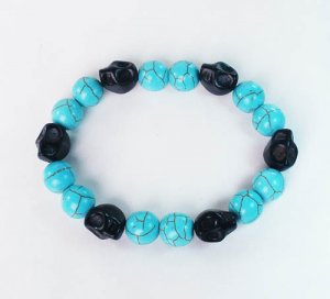 Turquoise Black Skull Beads Baby Blue Veins Ball Beads Stretch Bracelet for Men Women ZZ274