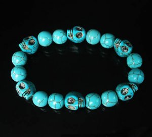 Turquoise Baby Blue Skull Beads Baby Blue Veins Ball Beads Stretch Bracelet ZZ276