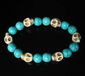 Turquoise White Skull Beads Baby Blue Veins Ball Beads Stretch Bracelet for Men Women ZZ278
