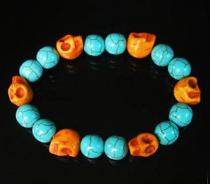 Turquoise Orange Skull Beads Baby Blue Veins Ball Beads Stretch Bracelet for Men Women ZZ279