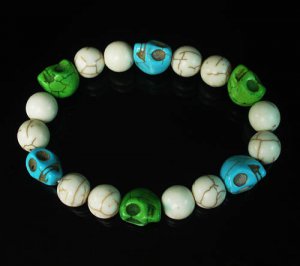 Turquoise Baby Blue Green Skull Beads White Veins Ball Beads Stretch Bracelet ZZ282