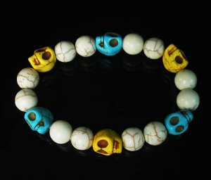 Turquoise Baby Blue Yellow Skull Beads White Veins Ball Beads Stretch Bracelet ZZ284