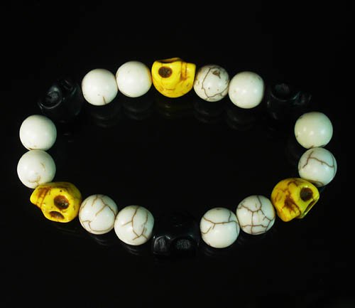 Turquoise Black Yellow Skull Beads White Veins Ball Beads Stretch Bracelet for Men Women ZZ285