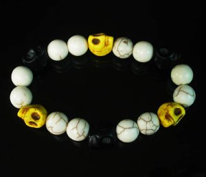 Turquoise Black Yellow Skull Beads White Veins Ball Beads Stretch Bracelet for Men Women ZZ285