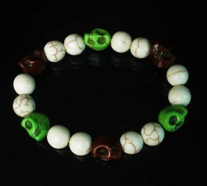 Turquoise Brown Green Skull Beads White Veins Ball Beads Stretch Bracelet for Men Women ZZ286