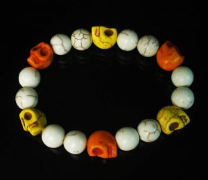Turquoise Orange Yellow Skull Beads White Veins Ball Beads Stretch Bracelet for Men Women ZZ287