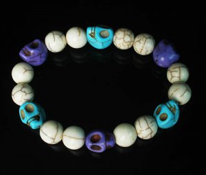 Turquoise Baby Blue Purple Skull Beads White Veins Ball Beads Stretch Bracelet ZZ290