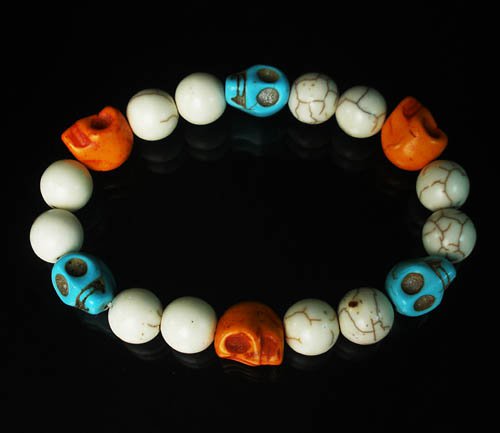 Turquoise Baby Blue Orange Skull Beads White Veins Ball Beads Stretch Bracelet ZZ291