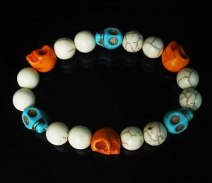 Turquoise Baby Blue Orange Skull Beads White Veins Ball Beads Stretch Bracelet ZZ291