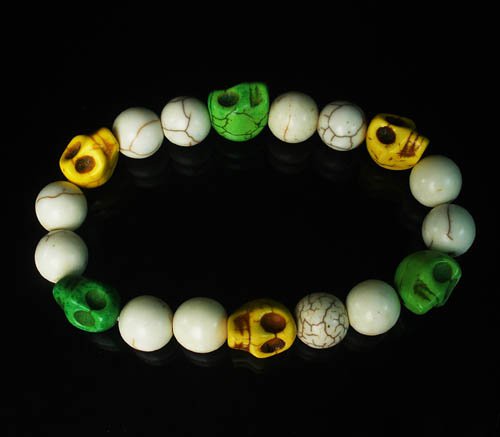 Turquoise Green Yellow Skull Beads White Veins Ball Beads Stretch Bracelet for Men Women ZZ292