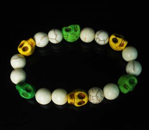 Turquoise Green Yellow Skull Beads White Veins Ball Beads Stretch Bracelet for Men Women ZZ292