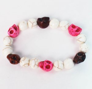 Turquoise Colorful Hot Pink Brown Skull Beads White Veins Ball Beads Stretch Bracelet ZZ296