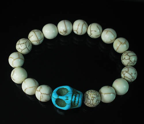 Turquoise Colorful Baby Blue Skull Beads White Veins Ball Beads Stretch Bracelet ZZ2132