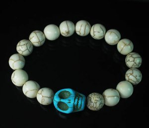 Turquoise Colorful Baby Blue Skull Beads White Veins Ball Beads Stretch Bracelet ZZ2132