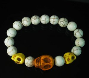 Turquoise Colorful Orange Yellow Skull Beads White Veins Ball Beads Stretch Bracelet ZZ2135